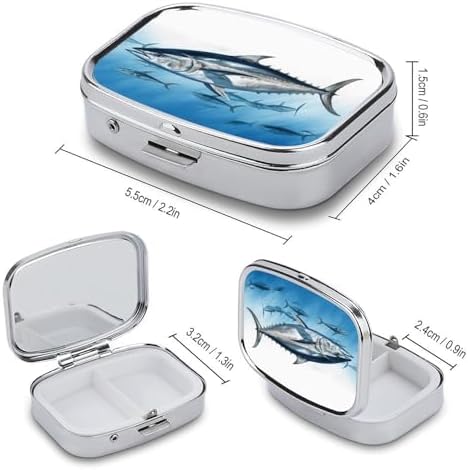 Bluefin Tuna Thunnus Pill Organizer with 2 Compartments Portable Pill Container Small Pill Box for Purse Travel Essentials Metal Pill Case Mini Medicine Container for Daily Use