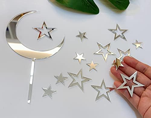 Set of 15pcs Moon and Hollow Stars Acrylic Cake Topper Set for Celestial Birthday Wedding Baby Shower Engagement Anniversary (Silver)