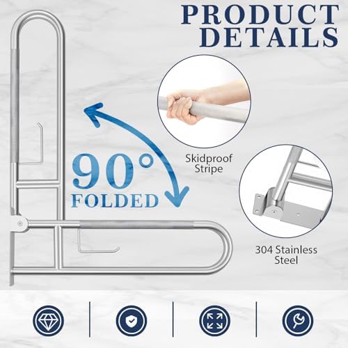 Zonon 2 Pack 30.3 Inch Handicap Grab Bars, Flip up Stainless Steel Toilet Safety Rails, Anti Slip with Paper Holder, Extra Long Bathroom Support Rail for Elderly Disabled Pregnant (Classic)