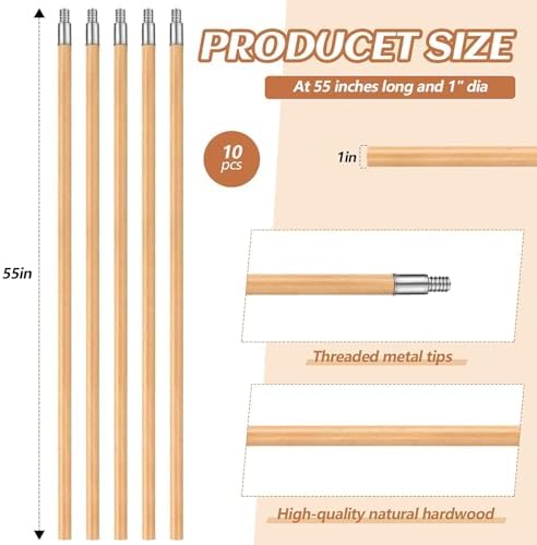 Barydat 55 Inch Lacquered Wood Broom Handle with Metal Threaded Tip Heavy Duty Natural Lacquered Wood Handle for Floor Home Office Commercial, 1" Diameter(10 Pack)