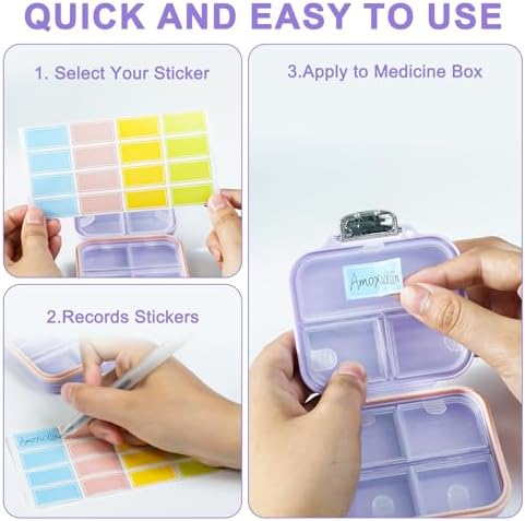 Travel Pill Organizer Box with Labels, 7 Compartments Portable Mini Pill Case, Daily Medication Organizer Storage Pill Container for Pocket Pharmacy(Purple, S)