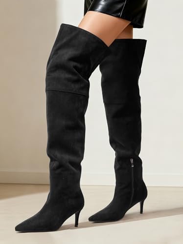 SKYSTERRY Thigh High Boots Over the Knee Boots for Women Pointed Toe Stiletto High Heel Boots Comfortable Wide Calf Side Zipper Pull On Wedding Party Dating Long Fall Boots 2.4 Inch