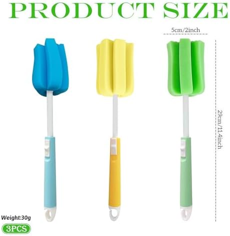 3PCS Adjustable Sponge Cleaning Brush with Plastic Long Handle Cup Feeding Bottle Scrubber Dish Clean Brushes for Coffee Glasses Pot Milk Cup Mugs Winebottle (Color Random)