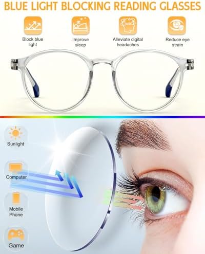 5-Pack Reading Glasses for Women Men, 3.0 Blue Light Blocking Computer Glasses with Spring Hinge, Round Fashion Readers with Case and Cleaning Cloth