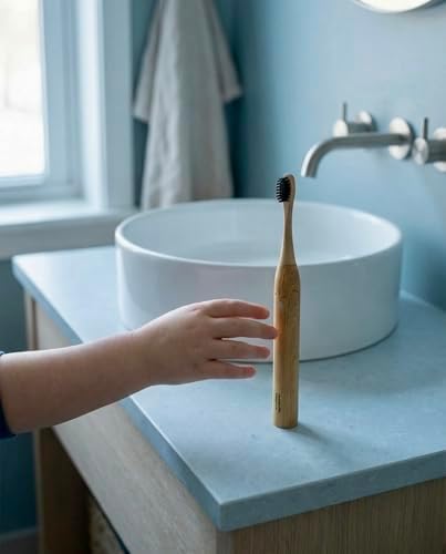 Sustainable Tomorrow Junior Bamboo Electric Toothbrush for Kids Ages 3+ – Gentle Vibrating Toothbrush with Soft Bristles | 2-Minute Timer | Ergonomic Handle | Eco-Friendly, Plastic-Reduced Design