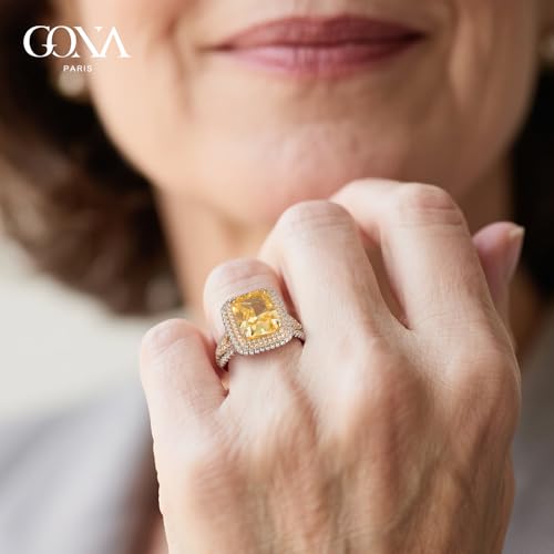 GONA 5CT Yellow Diamond Ring Radiant Cut 11×9MM VVS Fancy Vivid Yellow Statement Ring, Tarnish-Resistant Silver Gold-Plated Halo, Luxury Jewelry Gift for Engagement, Anniversary, Cocktail or Promise