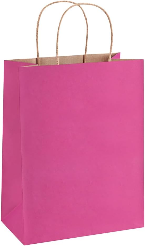 BagDream Hot Pink Gift Bags 8x4.25x10.5 100Pcs Kraft Paper Gift Bags with Handles Medium Bulk, for Shopping Party Favor, Retail Merchandise Grocery Paper Sacks