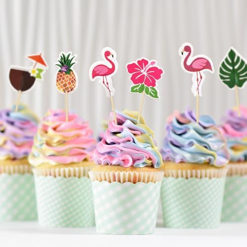 Hawaiian Cupcake Toppers, 48Pcs Flamingo Pineapple Tropical Palm Leaves Cake Picks for Hawaii Luau Summer Beach Theme Party Decoration