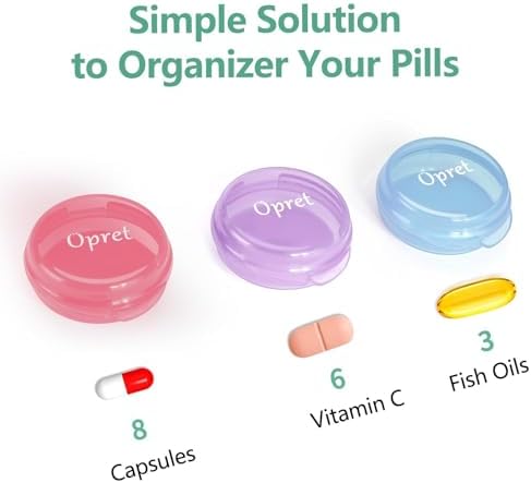 Opret Small Pill Box (3 Pcs), Cute Pill Case Portable for Pocket Purse Briefcase Travel Pills Box Medicine Storage Container Earplug Case (Rose&Blue&Purple)