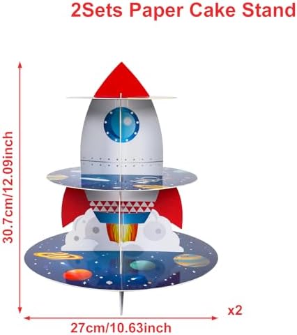 2Pcs Space Cupcake Stand - 3 Tier Outer Space Rocket Theme Birthday Party Decorations Cardboard Cake Holder Dessert Tower for Boys Kids Galaxy Solar System Baby Shower Party Supplies Favors