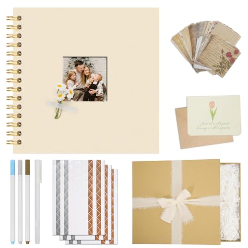 Vienrose 10 x 10 Inch Scrapbook Album Gift Set, Linen Hardcover Photo Book with 40 White Pages, DIY Memory Book Kit with Accessories for Wedding, Baby Shower, Travel, Christmas (Beige, 20 Sheets)