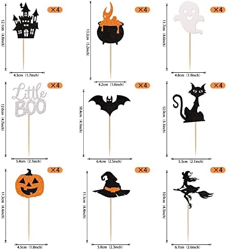 Rsstarxi 36 Pack Halloween Cupcake Toppers Glitter Bat Little Boo Pumkin Cupcake Picks Witch Hat Spooky Ghost Castle Cat Cake Decorations for Halloween Theme Baby Shower Kids Birthday Party Supplies
