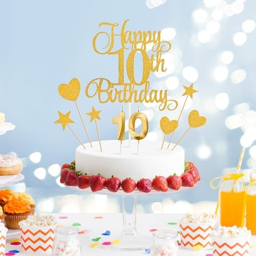 10th Birthday Cake Decorations, 10th Birthday Candles Cake Numeral Candles and Glitter Happy 10th Birthday Cake Toppers Set for Birthday Party Supplies (Gold)