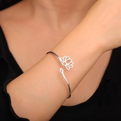Dreamtimes Lotus Flower Bracelet for Women Encouragement Lotus Flower Adjustable Bracelet Vintage Jewelry Buddha Yoga Bracelet Stainless Steel Cuff Bangle