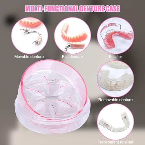 Denture Box Leak-Proof Dental Retainer Case, Portable Denture Bath with Mirror, Removal Tool and Extra Storage Layer, Denture Case Perfect for Traveling and Daily Use (Pink)