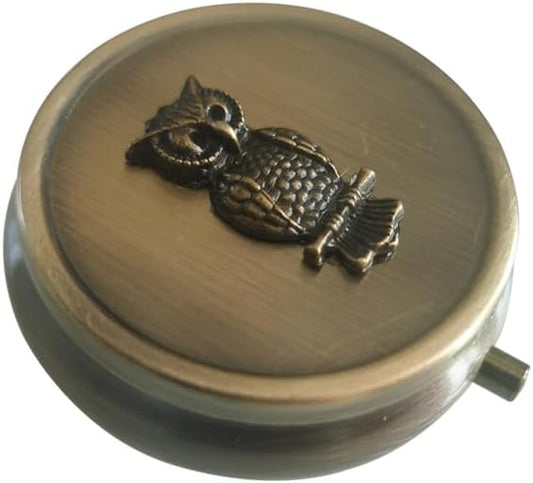 Vintage Metal Pill Box with Owl Design, Round Travel Pill Organizer, Small Bronze Portable Pill Box for Pocket or Purse,Decorative Metal Medicine Vitamin Pill Case Classical