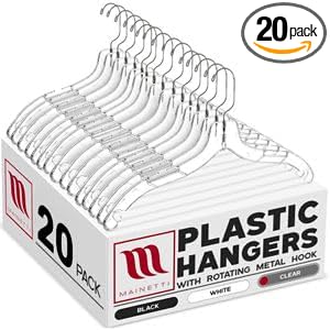 Mainetti Clear Plastic Clothes Hangers 20 Pack | 17-Inch Space Saving Hangers with 360 Swivel Metal Hook & Notches for Straps | Closet Hangers Ideal for Shirts, Tops, Dresses and Jackets (5400SCR20)