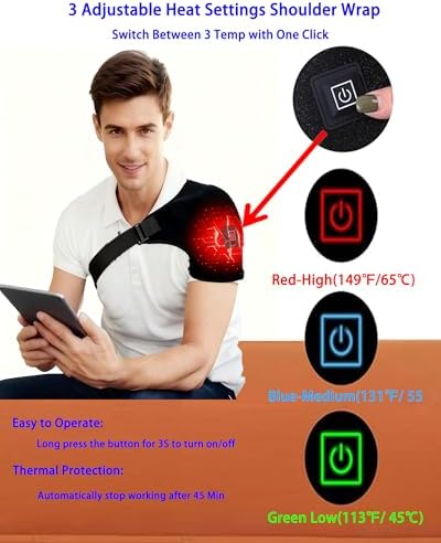 Electric Shoulder Heating Pad Wrap| 3 Adjustable Heat Settings Heated Shoulder Wrap for Pain Relief | Cordless USB Powered Hot Therapy Pad for Rotator Cuff, Men and Women (No Power Bank)