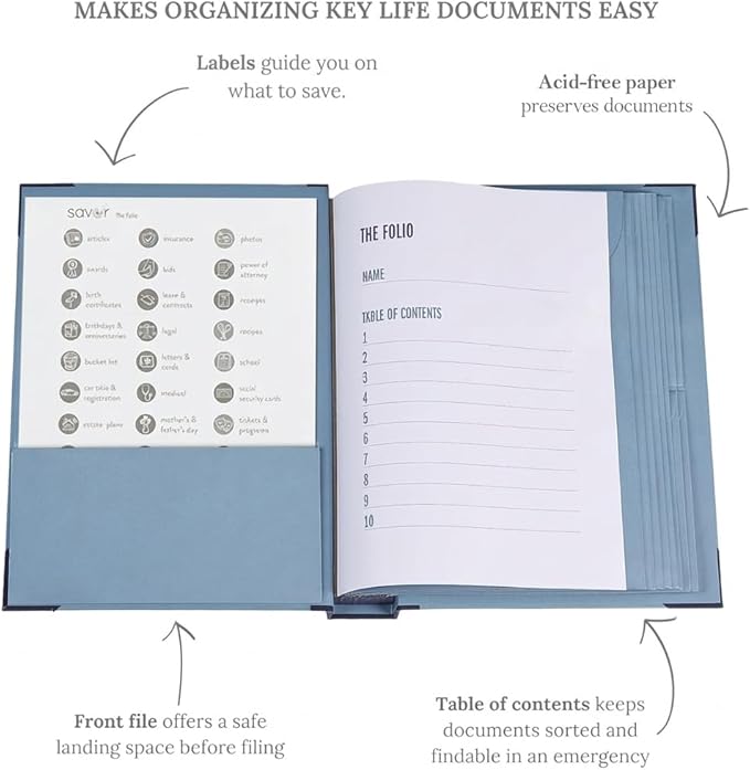 The Folio® If I Die Binder Organizer by Savor | Acid-Free Document Organizer with Labels, 10 Pockets for Birth Certificates, Wills, Investment Plans | Mother’s Day Gift for Moms (Blue)
