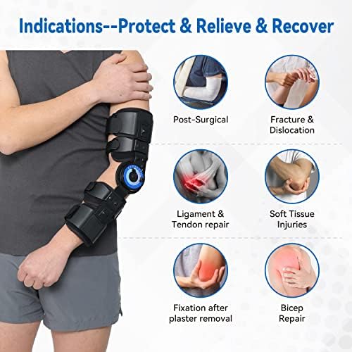 Orthomen Hinged ROM Elbow Brace - Adjustable Post OP Stabilizer for Surgery Recovery, Fracture & Tendon Repair Rehabilitation - Telescoping Arm Splint with Locking Hinges, Left