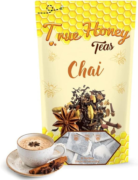 True Honey Chai Tea Bags - Providing Herbal Wellness - All Natural Organic Cinnamon, Clove, Coriander, Anise and Fennel Black - Blended with Honey Crystals Blended - 24 Count