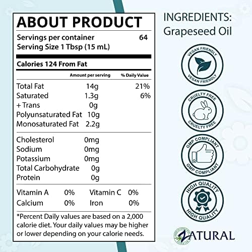 Zatural 100% Pure Cold Pressed Grapeseed Oil – Naturally Grown Virgin, High Smoke Point 450°F+, Non-GMO, Perfect for Cooking Frying Baking, Dressings Marinades & Skincare Hair (32 Fl oz)