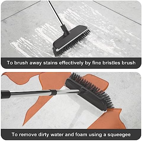 Heavy Duty Floor Scrub Brush with Long Handle, Adjustable Stainless Steel Handle, Stiff Bristles & Rubber Squeegee Scraper, Concrete Floor Scrubber for Cleaning Floor Concrete Deck Hardwood Patio Tile