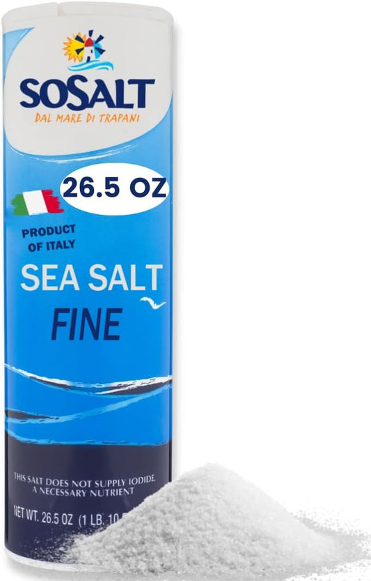 SOSALT DAL MARE DI TRAPANI Fine Sea Salt, Sicilian Sea Salt, Shaker, 750 gm (26.5 oz) SoSalt, Sal, Refill, Mediterranean Sea Salt, Mediterranean, Sicily, Italy