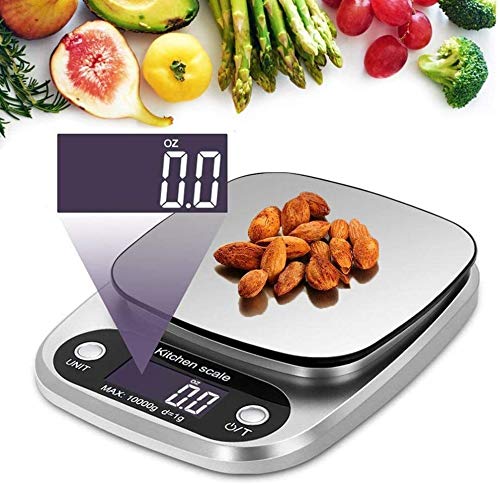 GeRRiT Kitchen Scales Digital,10kg/1g Electronic Baking & Cooking Scale with LCD Display Silver,Stainless Steel Scale, Tare Function, 4 Unit(G/ML/OZ/LB.OZ)