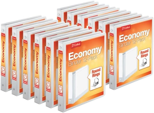 Cardinal 1 Inch 3 Ring Binders, White, 12 Pack, Round Ring Binder, Holds 225 Sheets, PVC Free, Customizable Covers, 2 Pocket View Binders for Office and School Organization