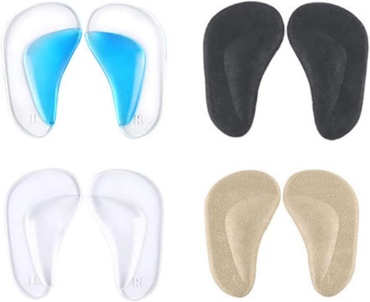 4 Pairs Foot Arch Gel Cushion Insoles Flat Feet Correction Reusable Arch Support Pads with Blue Beige Black Colors Soft Fabric