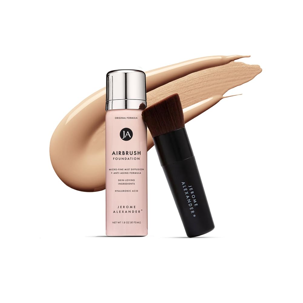 MagicMinerals AirBrush Foundation by Jerome Alexander – 2pc Set with Airbrush Foundation and Kabuki Brush - Spray Makeup with Anti-aging Ingredients for Smooth Radiant Skin - Cognac