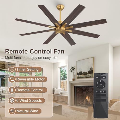 WINGBO 64 Inch Ceiling Fan without Light - 8 Plywood Blades, 6-Speed Reversible DC Motor, Noiseless Remote Control Ceiling Fan No Light for Bedroom Living Room Kitchen, Gold and Walnut/Black