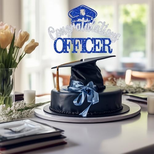 Congratulations Officer Cake Topper, Police Officer Graduation Decorations, Congrats Police Officer, Police Academy Graduation Party Decorations (Blue and Silver Glitter)
