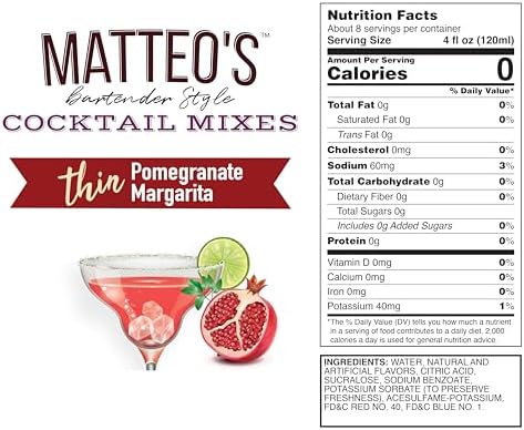 Matteo's Sugar Free Cocktail Mixes - Delicious & Refreshing Drink Mixers, Zero-Calorie & Carb-Free Cocktails, Non-Alcoholic, Skinny & Licious Syrups for Drinks, Pomegranate Margarita, 33.8 Fl Oz