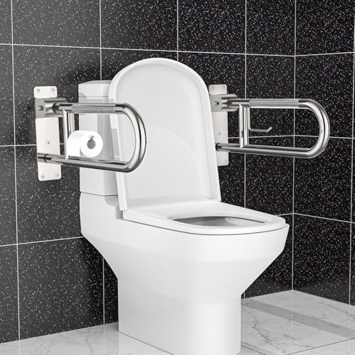 Toilet Grab Bar 22.4 Inch Chrome, Munzong Anti-Slip Handicap Grab Bars with Paper Holder, Flip-Up Bathroom Safety Rails, Stainless Steel Knurled Support handrails for Seniors Elderly Disabled Pregnant
