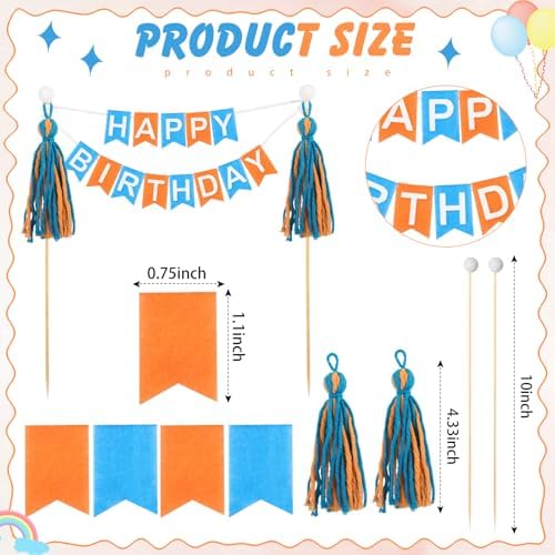Breling 90 Pcs Custom Cake Banner Topper Set, Personalized Handmade Flag Banner Wooden Pole Alphabet Number for Birthday Wedding DIY Cake Decoration Anniversary Party Supplies (Orange Blue)