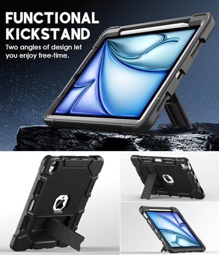 Azzsy Case for iPad Air 11 Inch M4/M3/M2 (2026/2025/2024), iPad Air 5th/4th Generation 10.9 Inch (2022/2020), Heavy Duty Shockproof Rugged Protective Case with Pencil Holder, Black