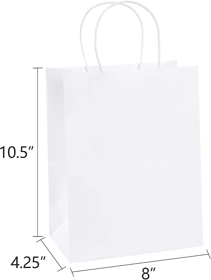 BagDream Gift Bags 8x4.25x10.5 100Pcs Kraft Paper Bags with Handles Bulk, White Gift Bags Medium Shopping Retail Merchandise Wedding Party Favor Bags, Paper Grocery Bags Sacks Recyclable