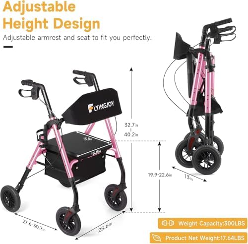 Lightweight Rollator Walker with Seat & Backrest - Foldable Mobility Aid for Seniors,300 lbs Capacity All Terrain Rollator, Adjustable Height,Brake,Storage Bag,4 Wheel Rolling Walkers for Adults