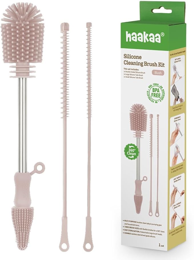 Haakaa Silicone Cleaning Brush Kit â Household Cleaning Brushes for Bottles and Crevices â Food-Grade Silicone: Dishwasher Safe (Kit-Blush)