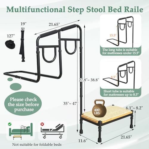 Bed Step Stool with Assist Rail for Seniors Adults Safety - Bedside Stepping Stool with Handle, Medical Stool Steps for High Beds, Handicap Bariatric Wide Guard Platform Adjustable Bar (2 in 1)