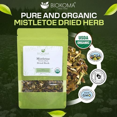 Biokoma Organic Mistletoe Dried Herb 100g 3.55oz Cut & Sifted Viscum Album Herbal Tea Cardiovascular & Nervous System Support Resealable Pouch USDA Organic No Additives No Preservatives No GMO Kosher