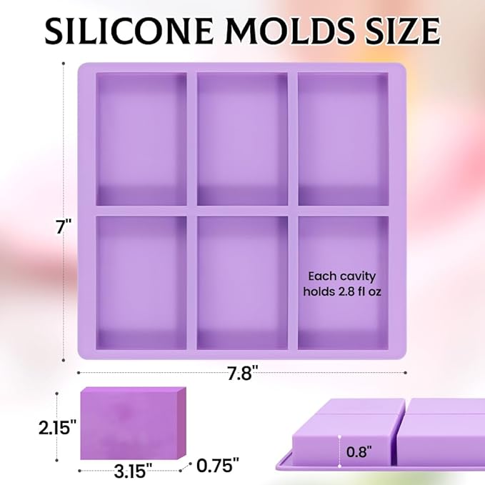 SJ Silicone Soap Molds 3 Packs, Rectangle Soap Molds for Soap Making, 6 Cavity Mold for Homemade Craft Soap Mold, Jelly, Chocolate & Ice Cube Trays(Blue, Purple & Pink)