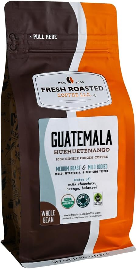 Fresh Roasted Coffee, Organic Guatemala Whole Bean Coffee, Medium Roast, USDA Organic, Single-Origin, 3rd Party Tested for Mold, Mycotoxin & Pesticides, Kosher, 12 oz