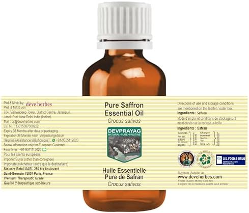 Pure Saffron Essential Oil (Crocus sativus) Steam Distilled 5ml (0.16 oz)