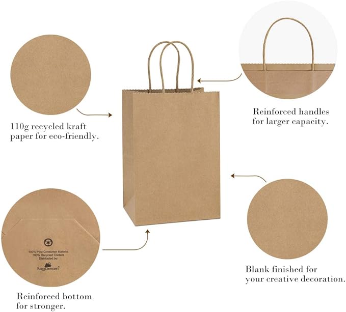 BagDream Gift Bags 100Pcs 5.25x3x8 Small Kraft Paper Gift Bags with Handles Bulk, Brown Paper Sacks for Small Business, Retail, Merchandise, Wedding Birthday Party Favor