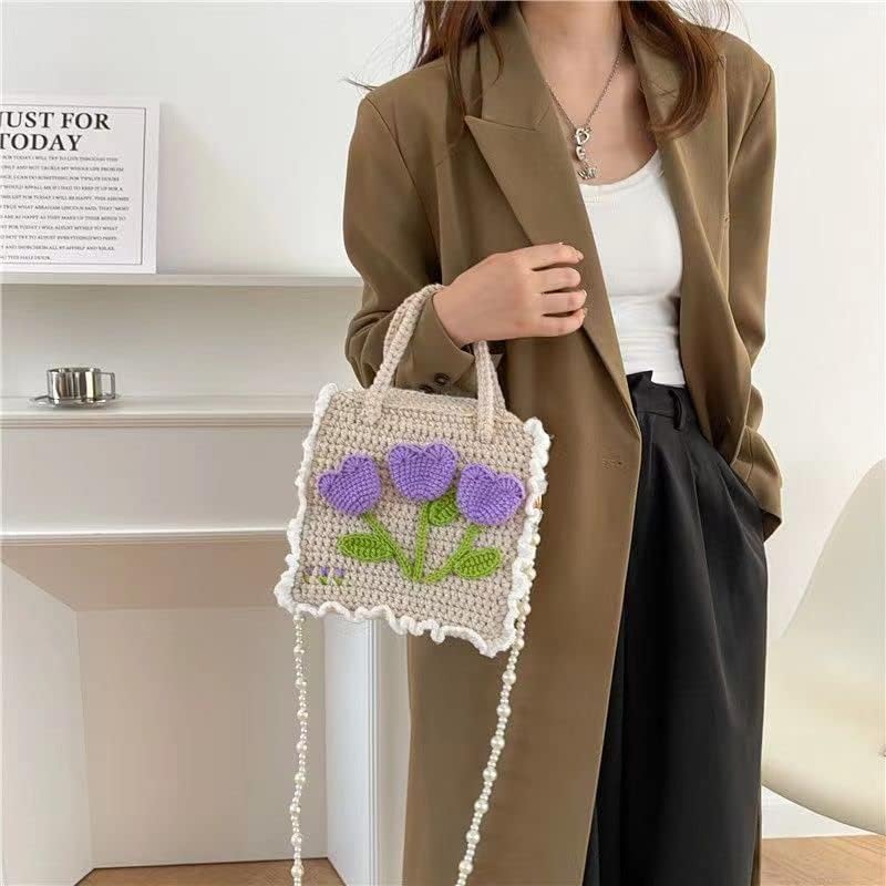 Handmade Purses and Handbags for Women, Handmade Crossbody Bags Women, Top Handle Satchel Shoulder Tote Bags with Pearl Strap for Girls Ladies