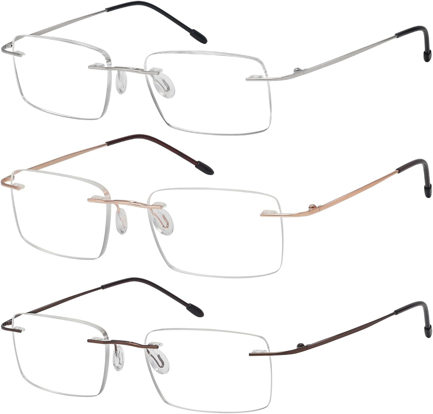 Eyekepper 3-Pack Rimless Metal Reading Glasses for Men - Rectangle Frameless Readers (Brown/Sliver/Gold)+2.25