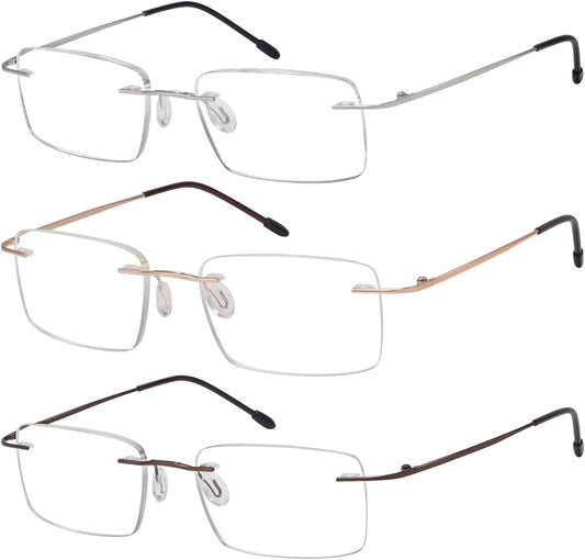 Eyekepper 3-Pack Rimless Metal Reading Glasses for Men - Rectangle Frameless Readers (Brown/Sliver/Gold)+2.00